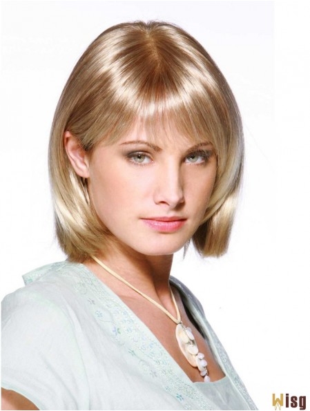 Long Bob Wigs With Bangs Monofilament Blonde Color Shoulder Length