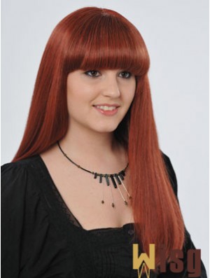 22 inch Red Long Straight With Bangs Monofilament Real Hair Wigs