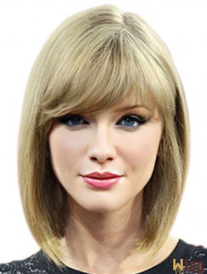 100% Hand-tied With Bangs Straight Shoulder Length Blonde Top  Wigs