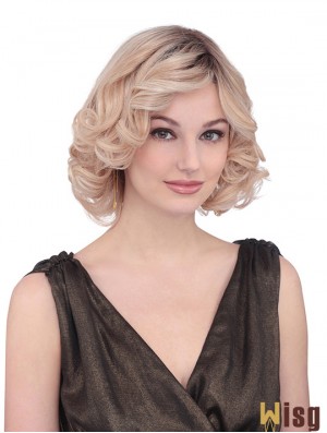 Chin Length Curly With Bangs Fabulous Blonde Lace Front Wigs