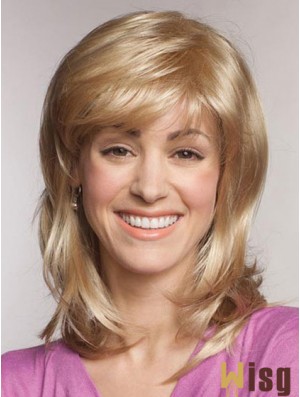 Straight With Bangs Shoulder Length Blonde Popular Lace Front Wigs