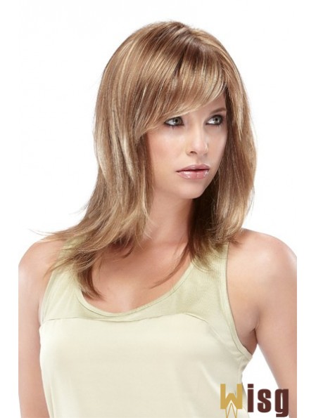 Straight With Bangs Shoulder Length Blonde Designed Lace Front Wigs