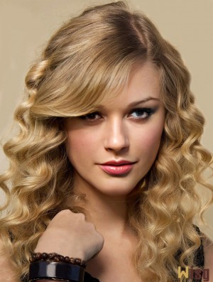 Lace Front With Bangs Curly Long Blonde Flexibility  Wigs