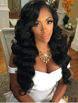 Remy Human Hair Black Wavy 22 inch Without Bangs 360 Lace Wigs