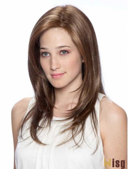 Synthetic 100% Hand Tied Brown Layered Straight Long Mono Top Wigs