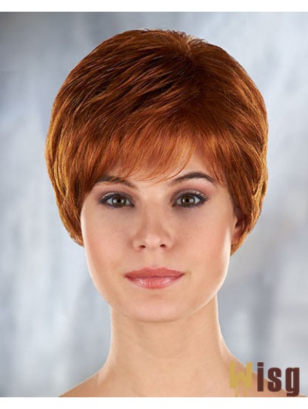 Auburn Curly Synthetic Short With Bangs Mono Filament Wigs