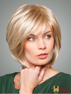 Bobs With Fringes Chin Length Straight Style Blonde Color With Synthetic