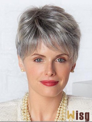 Monofilament Lace Wigs Grey Cut Straight Style Short Length