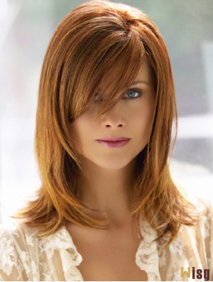 Shoulder Length With Bangs 14 inch Straight Auburn Medium Wigs