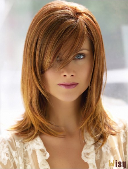 Shoulder Length With Bangs 14 inch Straight Auburn Medium Wigs