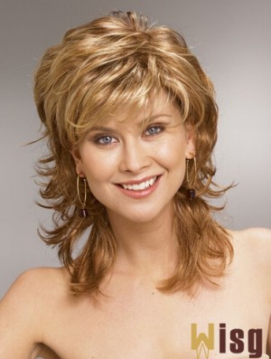 Shoulder Length Layered 13 inch Wavy Blonde Medium Wigs