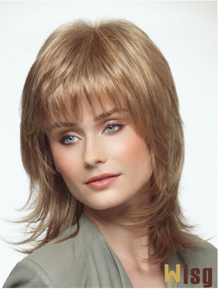 Shoulder Length Layered 14 inch Straight Blonde Medium Wigs