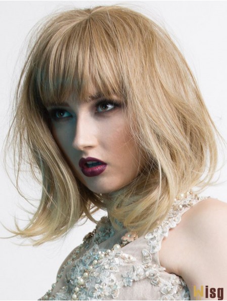 Shoulder Length With Bangs 14 inch Wavy Blonde Medium Wigs