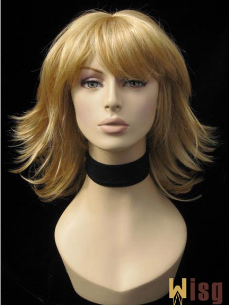 Convenient Straight Blonde Shoulder Length With Bangs Medium Wigs