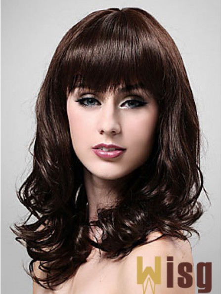 Shoulder Length With Bangs 20 inch Wavy Brown Medium Wigs