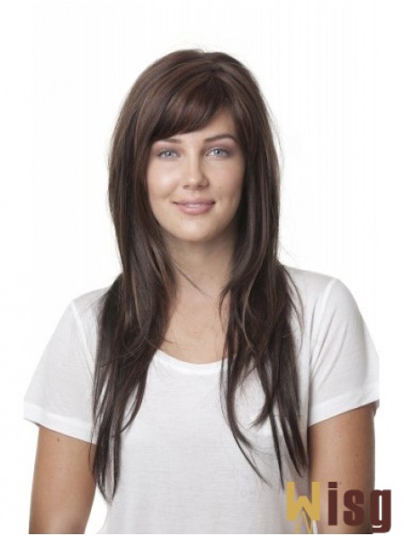 Ideal Brown Straight With Bangs Monofilament Long Wigs