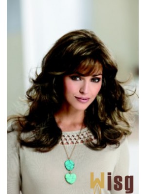 Sleek Brown Wavy With Bangs Capless Long Wigs