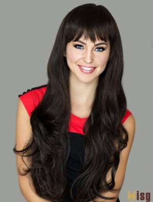 Designed Black Wavy With Bangs Capless Long Wigs