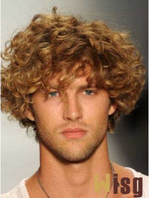 Blonde 8inch Remy Human Hair Curly Layered Capless  Mens Wigs