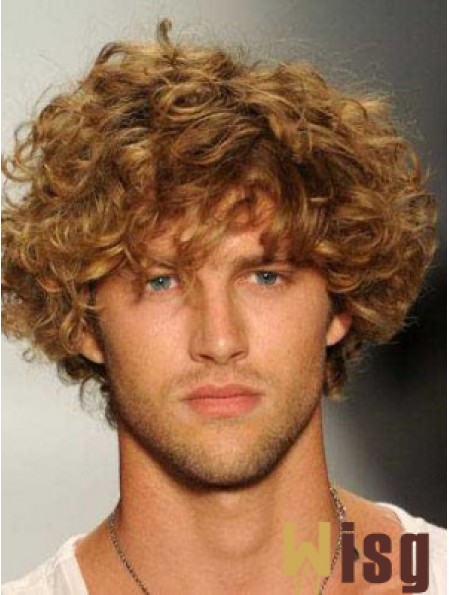 Blonde 8inch Remy Human Hair Curly Layered Capless  Mens Wigs