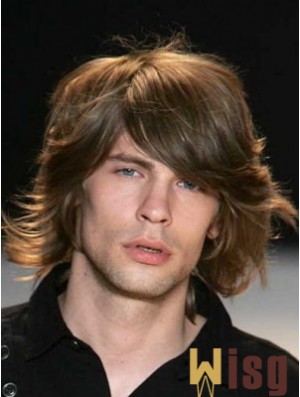 Auburn Chin Length Capless Wavy Mens Real Hair Wig