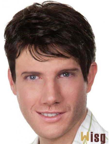 Black Short Straight Style Remy Human Hair Wigs For Men With Capless