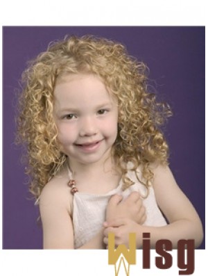 Curly Shoulder Length Blonde Synthetic 100% Hand-tied Kids Wigs