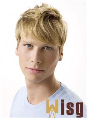 Remy Human 100% Hand Tied Short Wavy Blonde Wigs For Men