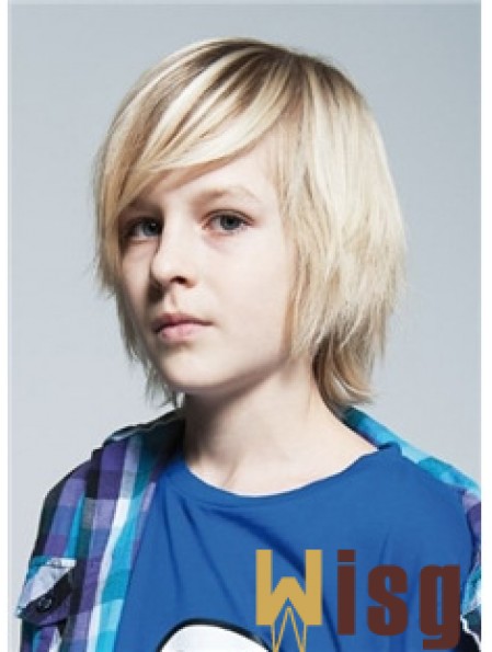 Straight Chin Length Blonde Remy Human Hair Capless Kids Wigs