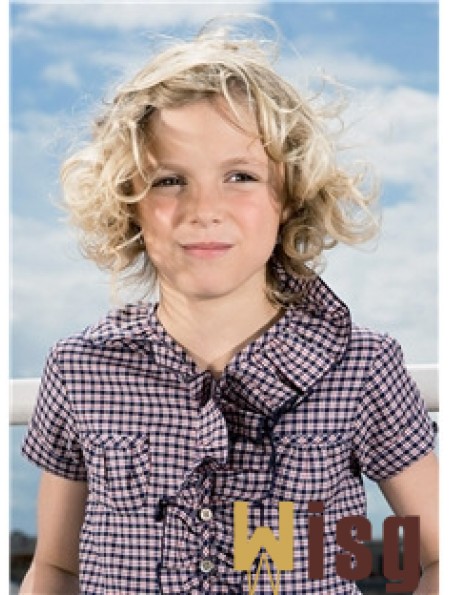 Curly Chin Length Blonde Synthetic 100% Hand-tied Kids Wigs