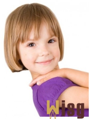 Straight Short Blonde Remy Human Hair 100% Hand-tied Kids Wigs