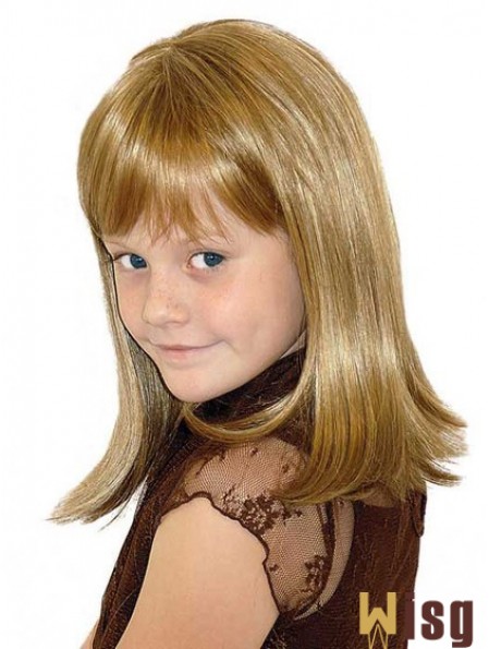 Straight Shoulder Length Blonde Synthetic 100% Hand-tied Kids Wigs