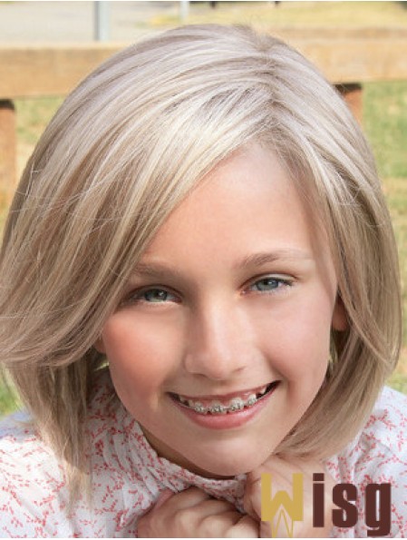 Straight Shoulder Length Blonde Synthetic Lace Front Kids Wigs