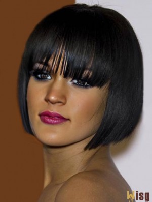 Black Straight With Bangs 100% Hand-tied 10 inch Affordable  Wigs