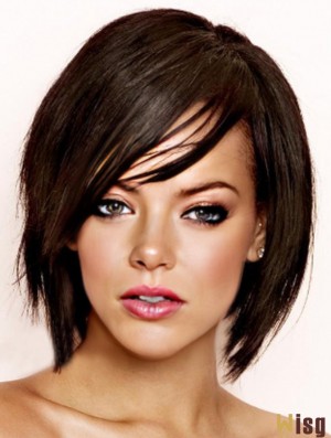 Black Straight With Bangs 100% Hand-tied 8 inch Soft  Wigs