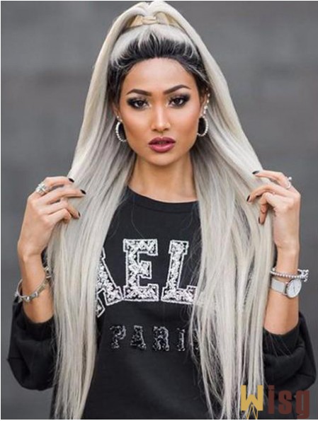 38 inch Lace Front Long Synthetic Grey Without Bangs Wigs