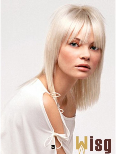 Lace Front With Bangs Shoulder Length Straight 14 inch Platinum Blonde No-Fuss Fashion Wigs