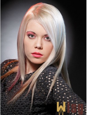 Lace Front Without Bangs Long Straight 16 inch Platinum Blonde Good Fashion Wigs