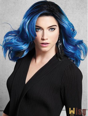 Shoulder Length Great Blue Synthetic Without Bangs Lace Front Wigs