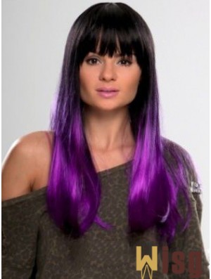 Sassy Ombre/2 Tone Long Straight With Bangs 22 inch Human Lace Wigs