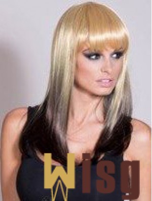 Affordable Ombre/2 Tone Long Straight With Bangs 20 inch Human Lace Wigs