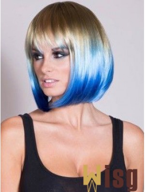 Discount Ombre/2 Tone Short Straight With Bangs 14 inch Human Lace Wigs