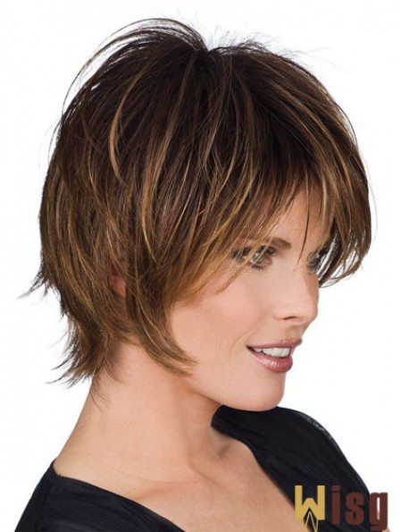 Short Wigs With Remy Capless Straight Style Brown Color Layered Cut