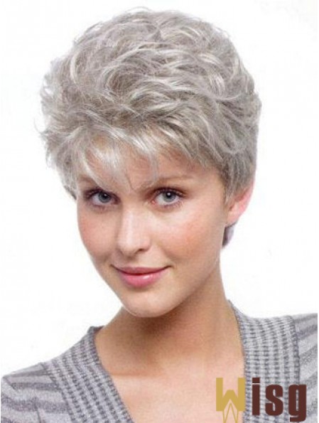 Wigs For Elderly Lady With Synthetic Grey Cut Wavy Style