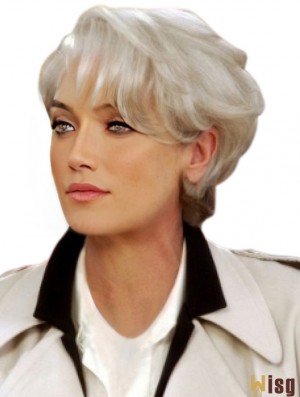 Grey Short Remy Human Hair Capless Wavy Wigs for Lady 8 Inch