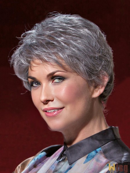 Ideal Short Wavy 100% Hand-tied Grey Wigs