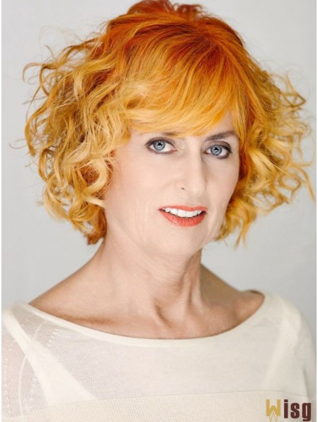 Fabulous Copper Chin Length Curly With Bangs 12 inch Human Hair Wigs