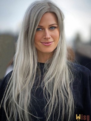 Mono Wig With Synthetic Straight Style Long Length Grey Cut