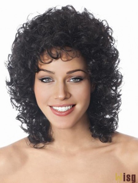 Shoulder Length Black Curly Layered Sleek African American Wigs