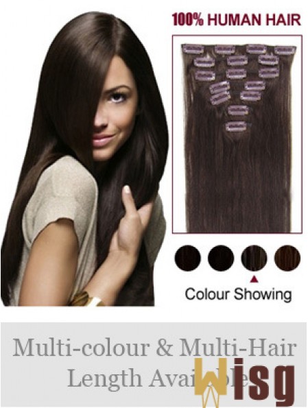 Clip In Human Hair Extensions Full Head Brown Color Straight Style